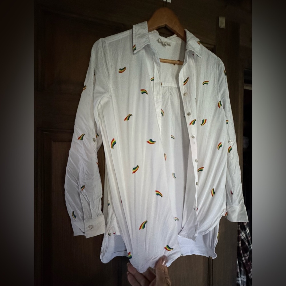 Jane and Delancey White Shirt with Rainbow Accents